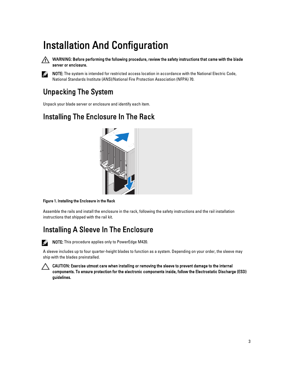 Installation and configuration, Unpacking the system, Installing the enclosure in the rack | Installing a sleeve in the enclosure | Dell PowerEdge M910 User Manual | Page 3 / 13
