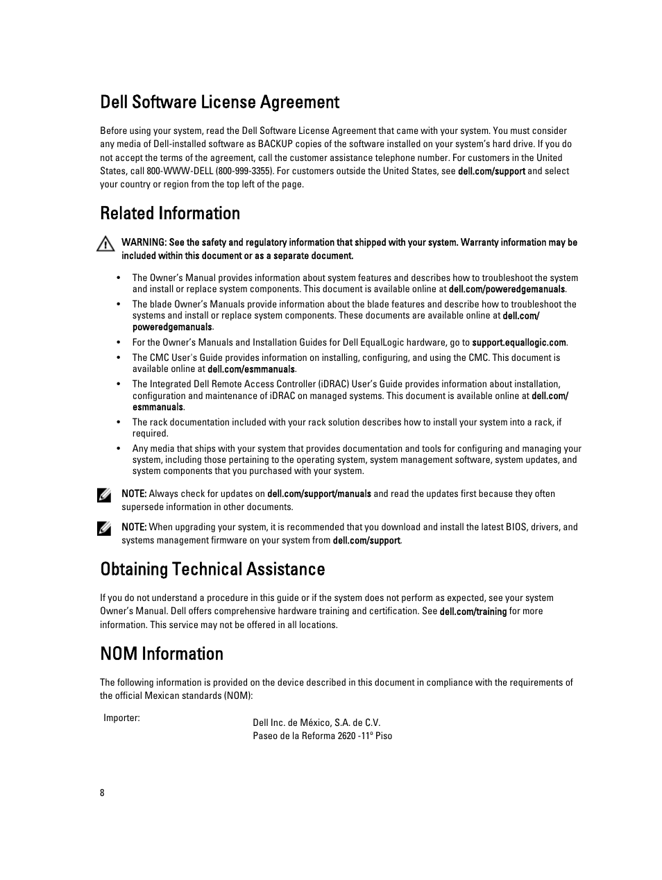Dell software license agreement, Related information, Obtaining technical assistance | Nom information | Dell PowerEdge M910 User Manual | Page 8 / 13