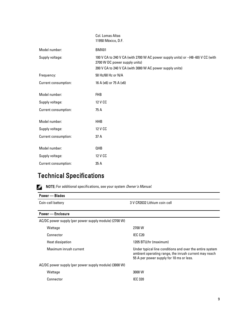 Technical specifications | Dell PowerEdge M910 User Manual | Page 9 / 13