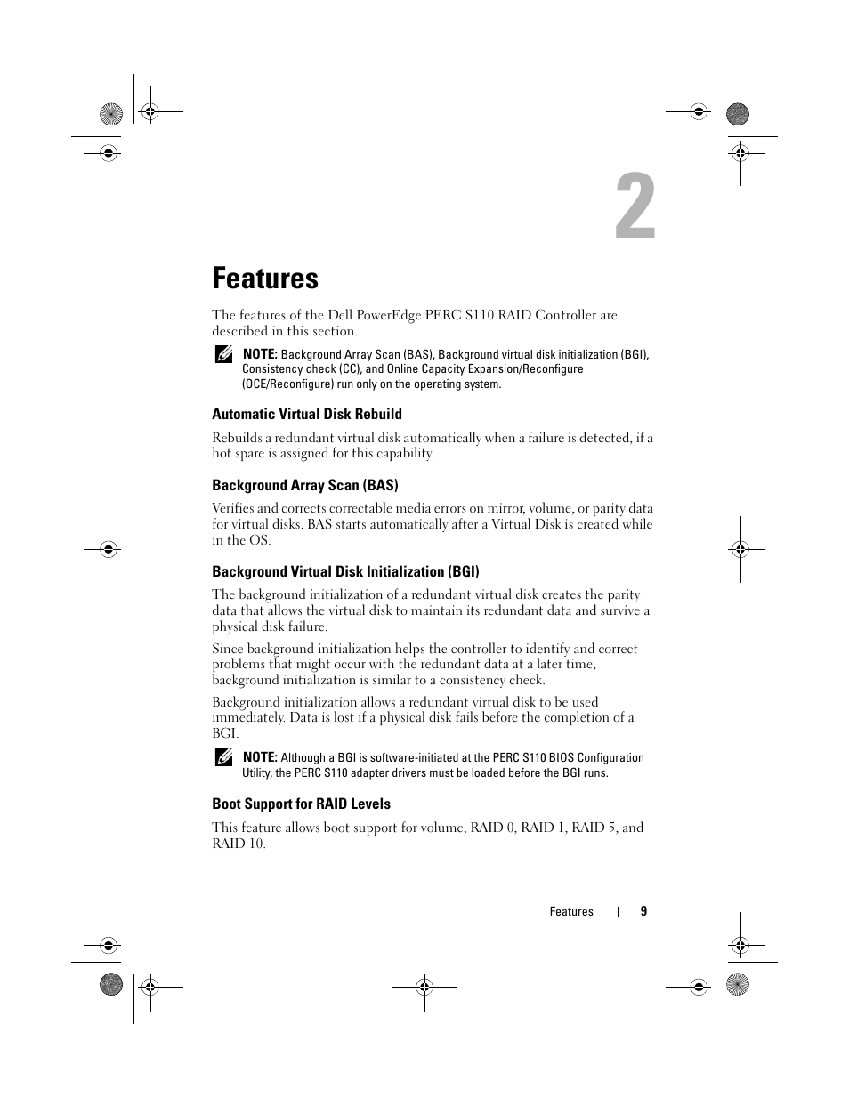 Features, Automatic virtual disk rebuild, Background array scan (bas) | Background virtual disk initialization (bgi), Boot support for raid levels | Dell PowerEdge RAID Controller S110 User Manual | Page 11 / 76