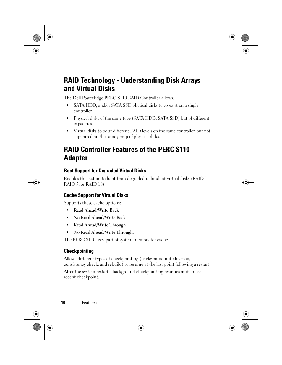 Raid controller features of the perc s110 adapter, Boot support for degraded virtual disks, Cache support for virtual disks | Checkpointing, Raid technology - understanding disk arrays | Dell PowerEdge RAID Controller S110 User Manual | Page 12 / 76