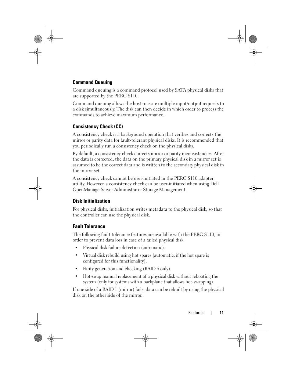 Command queuing, Consistency check (cc), Disk initialization | Fault tolerance | Dell PowerEdge RAID Controller S110 User Manual | Page 13 / 76