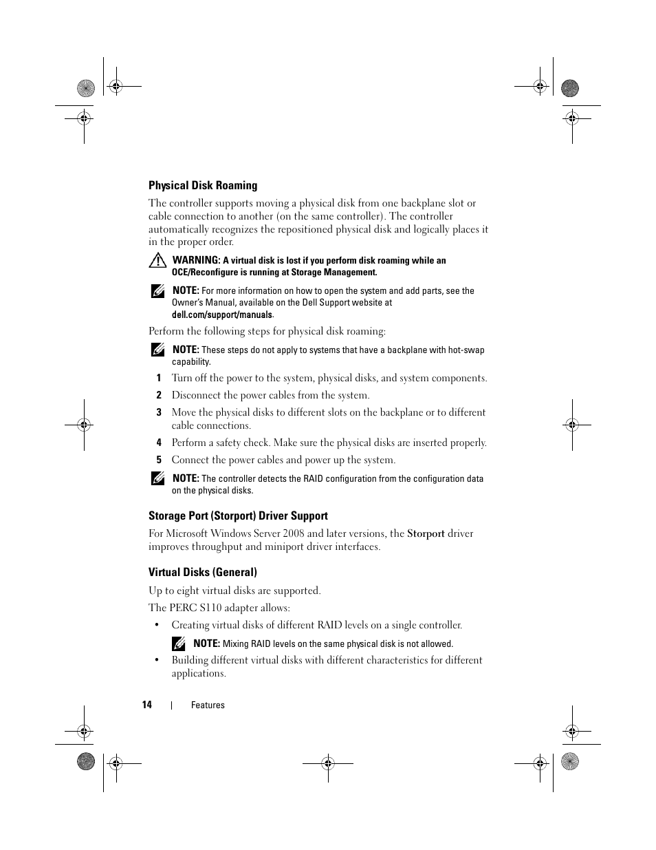 Physical disk roaming, Storage port (storport) driver support, Virtual disks (general) | Dell PowerEdge RAID Controller S110 User Manual | Page 16 / 76