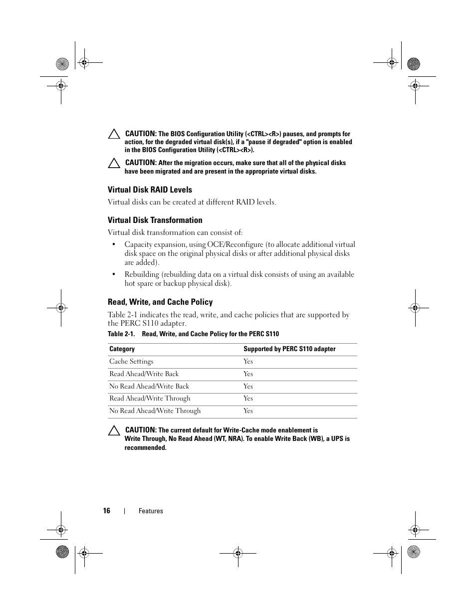 Virtual disk raid levels, Virtual disk transformation, Read, write, and cache policy | Dell PowerEdge RAID Controller S110 User Manual | Page 18 / 76