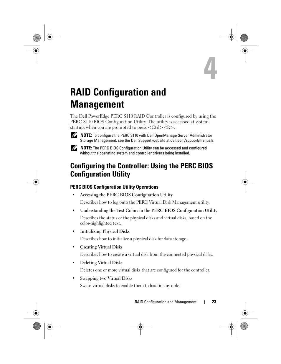 Raid configuration and management, Perc bios configuration utility operations | Dell PowerEdge RAID Controller S110 User Manual | Page 25 / 76