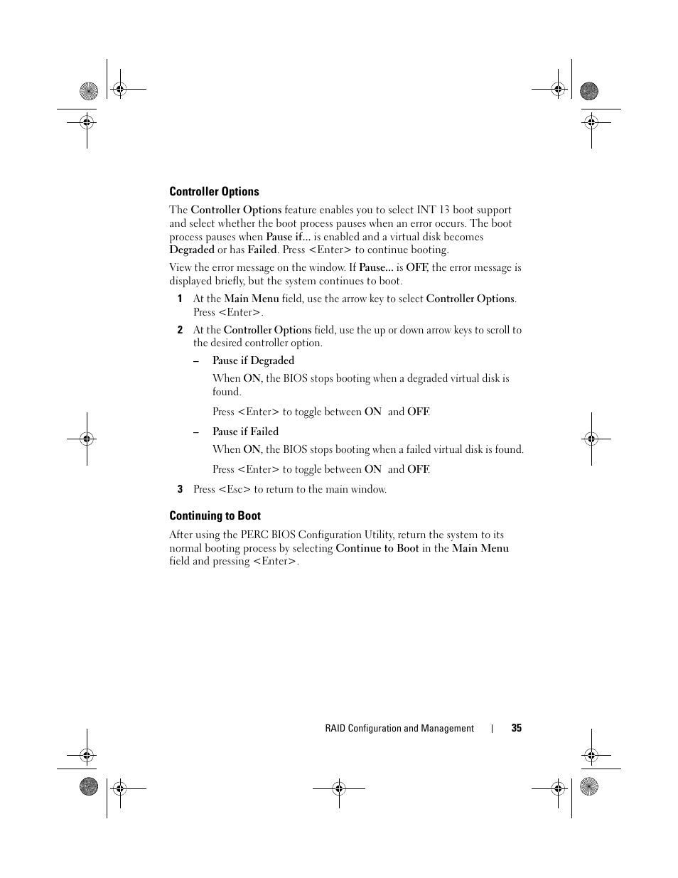 Controller options, Continuing to boot | Dell PowerEdge RAID Controller S110 User Manual | Page 37 / 76