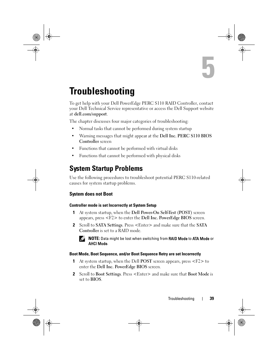 Troubleshooting, System startup problems, System does not boot | Dell PowerEdge RAID Controller S110 User Manual | Page 41 / 76