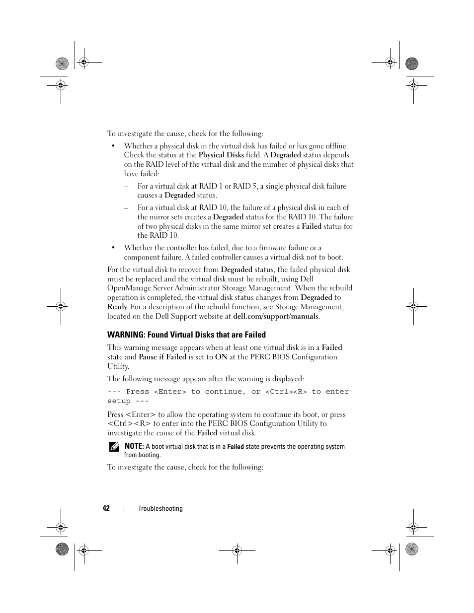 Warning: found virtual disks that are failed | Dell PowerEdge RAID Controller S110 User Manual | Page 44 / 76