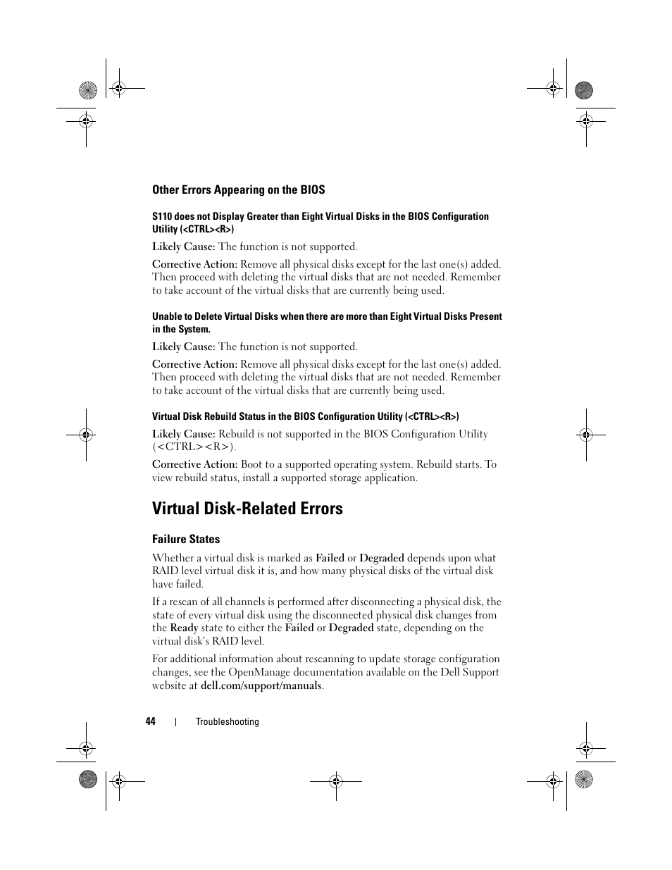 Other errors appearing on the bios, Virtual disk-related errors, Failure states | See "other errors appearing on the bios" on | Dell PowerEdge RAID Controller S110 User Manual | Page 46 / 76