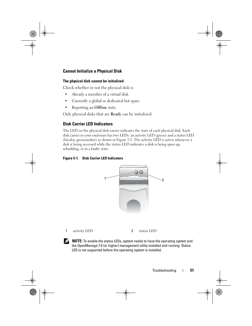 Cannot initialize a physical disk, Disk carrier led indicators | Dell PowerEdge RAID Controller S110 User Manual | Page 53 / 76