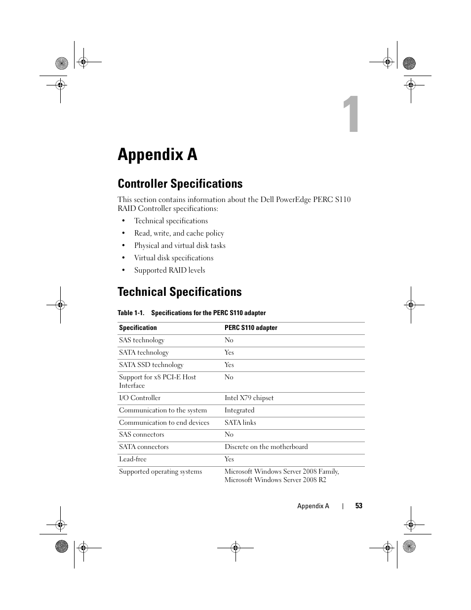 Appendix a, Controller specifications, Technical specifications | Dell PowerEdge RAID Controller S110 User Manual | Page 55 / 76