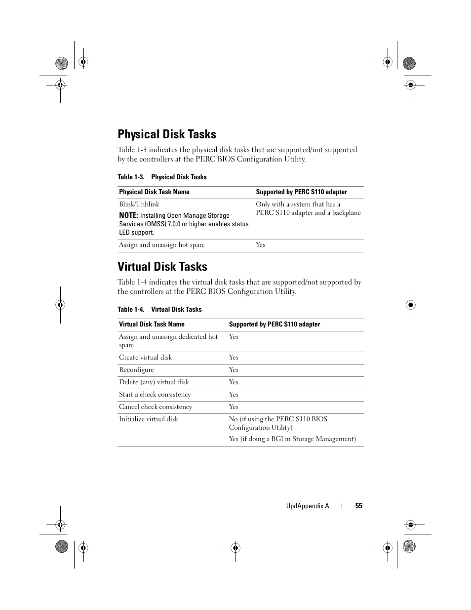 Physical disk tasks, Virtual disk tasks | Dell PowerEdge RAID Controller S110 User Manual | Page 57 / 76