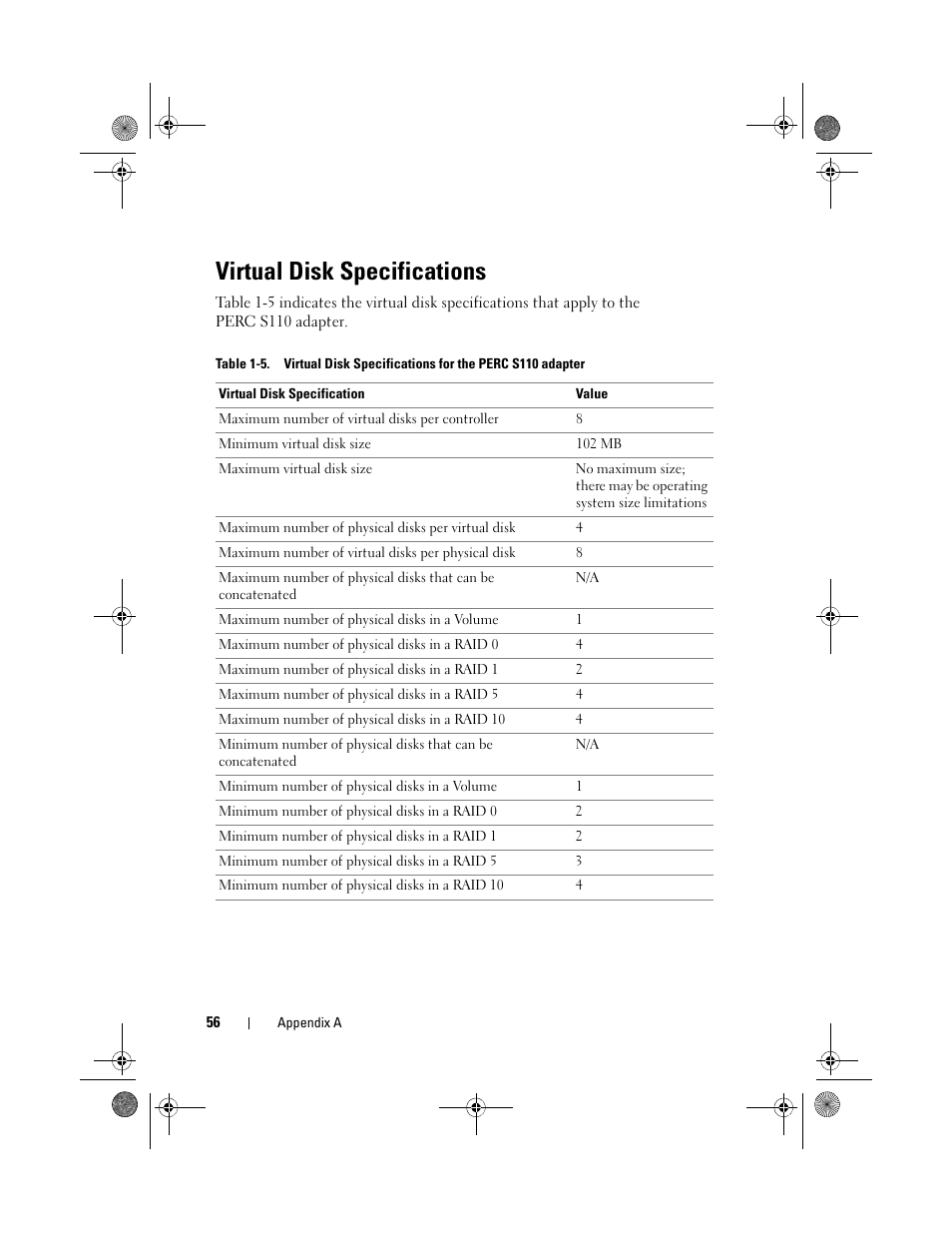 Virtual disk specifications | Dell PowerEdge RAID Controller S110 User Manual | Page 58 / 76