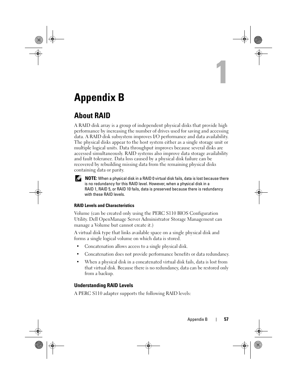 Appendix b, About raid, Understanding raid levels | Dell PowerEdge RAID Controller S110 User Manual | Page 59 / 76