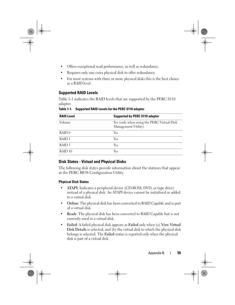 Supported raid levels, Disk states - virtual and physical disks | Dell PowerEdge RAID Controller S110 User Manual | Page 61 / 76