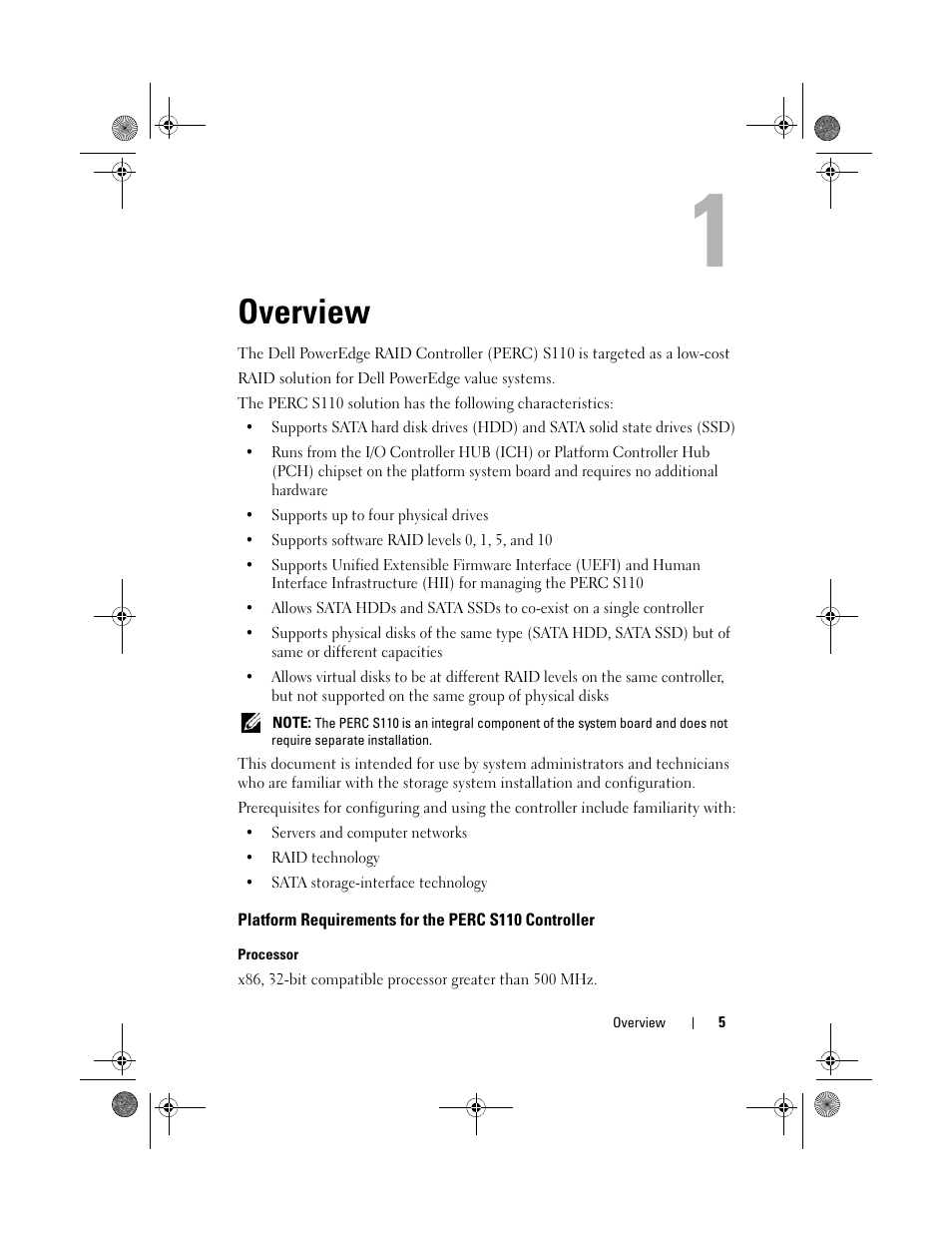 Overview, Platform requirements for the perc s110 controller | Dell PowerEdge RAID Controller S110 User Manual | Page 7 / 76