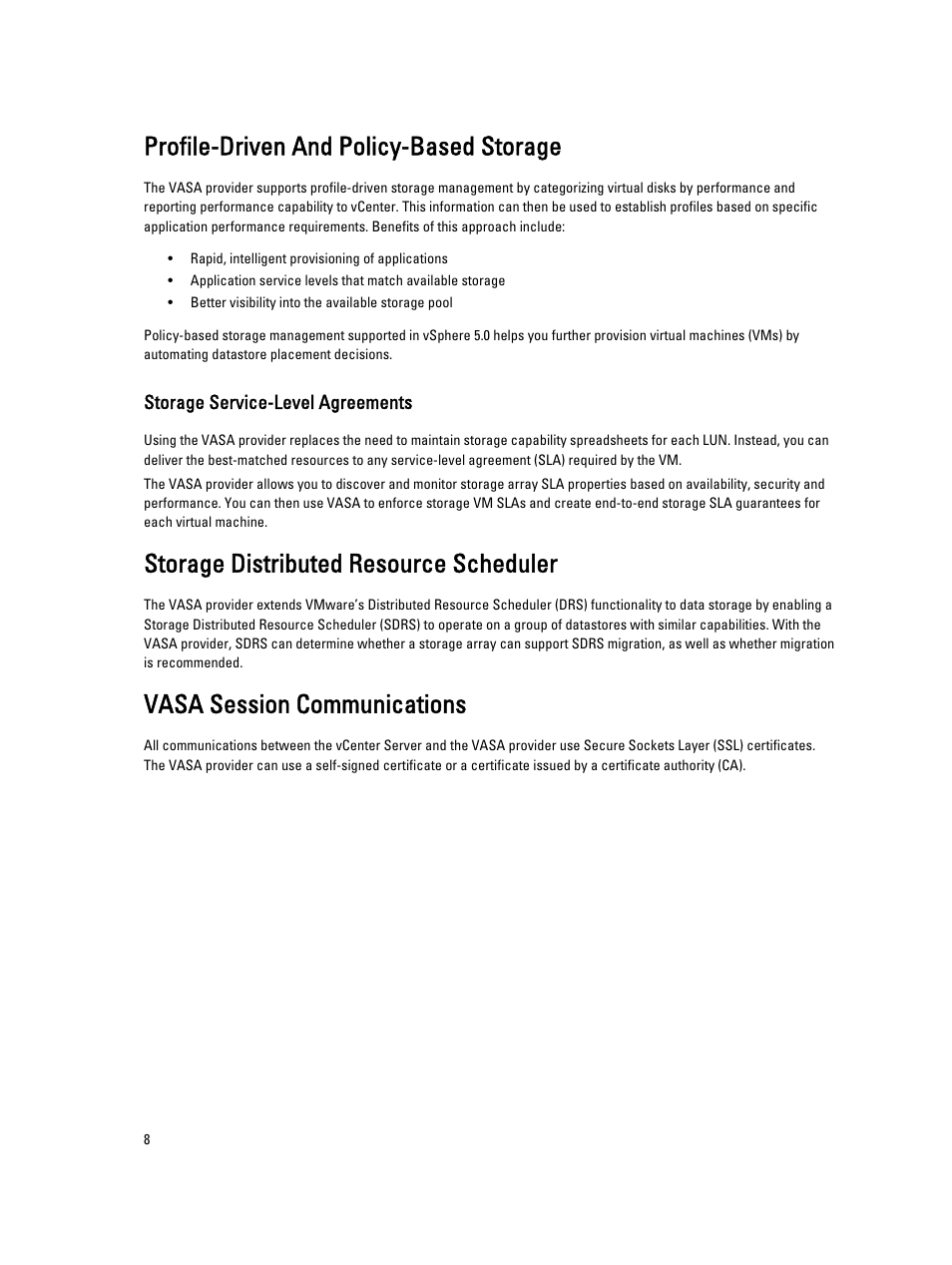 Profile-driven and policy-based storage, Storage service-level agreements, Storage distributed resource scheduler | Vasa session communications | Dell PowerVault MD3800i User Manual | Page 8 / 21