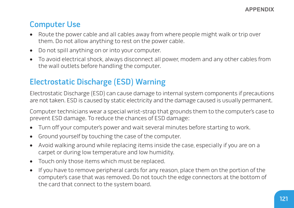 Computer use, Electrostatic discharge (esd) warning | Dell Alienware M17x R3 (Early 2011) User Manual | Page 123 / 128