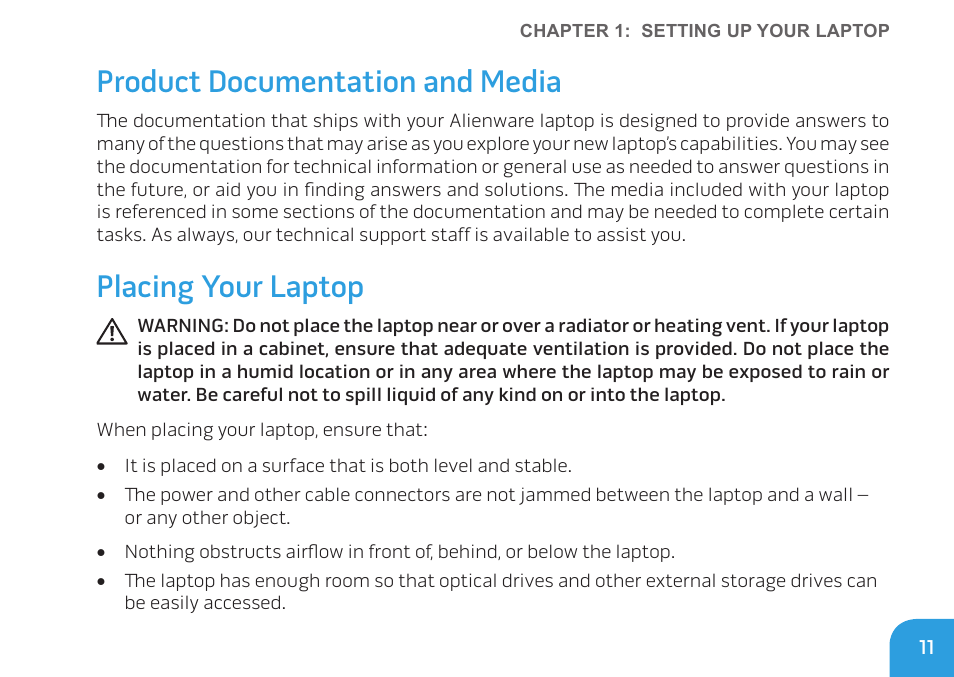 Product documentation and media, Placing your laptop | Dell Alienware M17x R3 (Early 2011) User Manual | Page 13 / 128