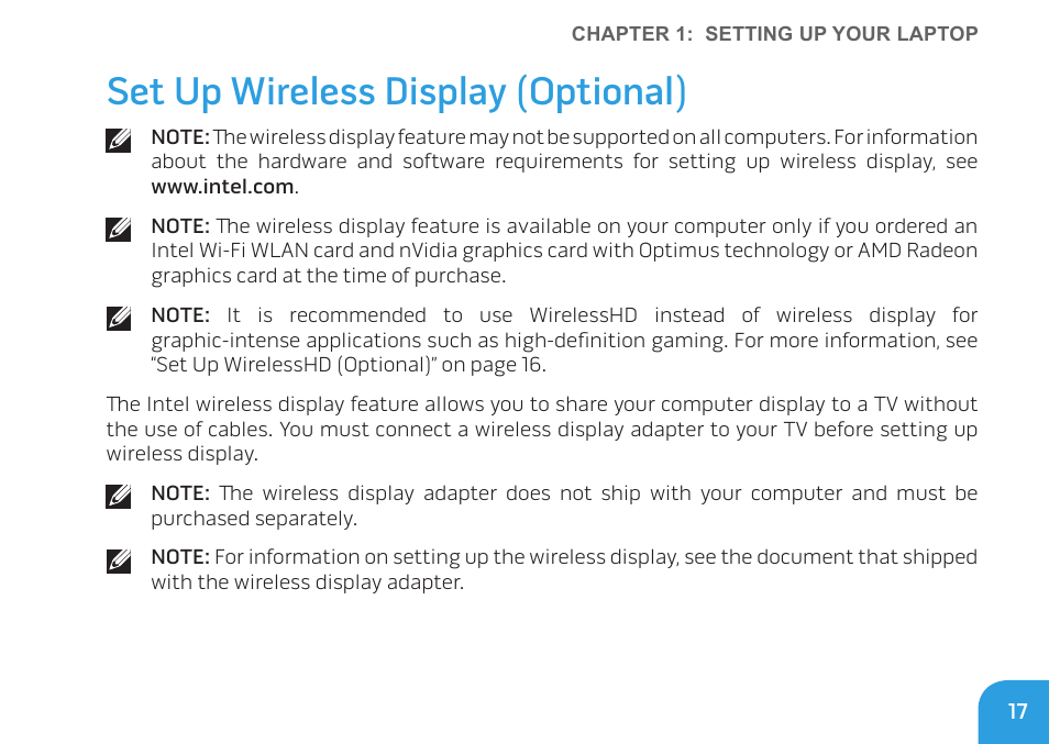 Set up wireless display (optional) | Dell Alienware M17x R3 (Early 2011) User Manual | Page 19 / 128