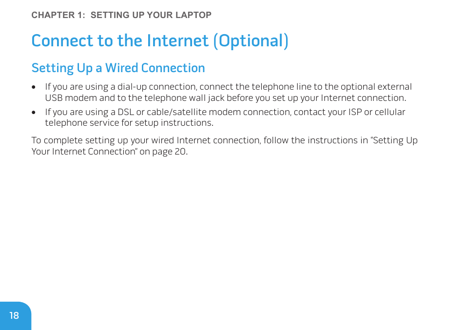 Connect to the internet (optional), Setting up a wired connection | Dell Alienware M17x R3 (Early 2011) User Manual | Page 20 / 128