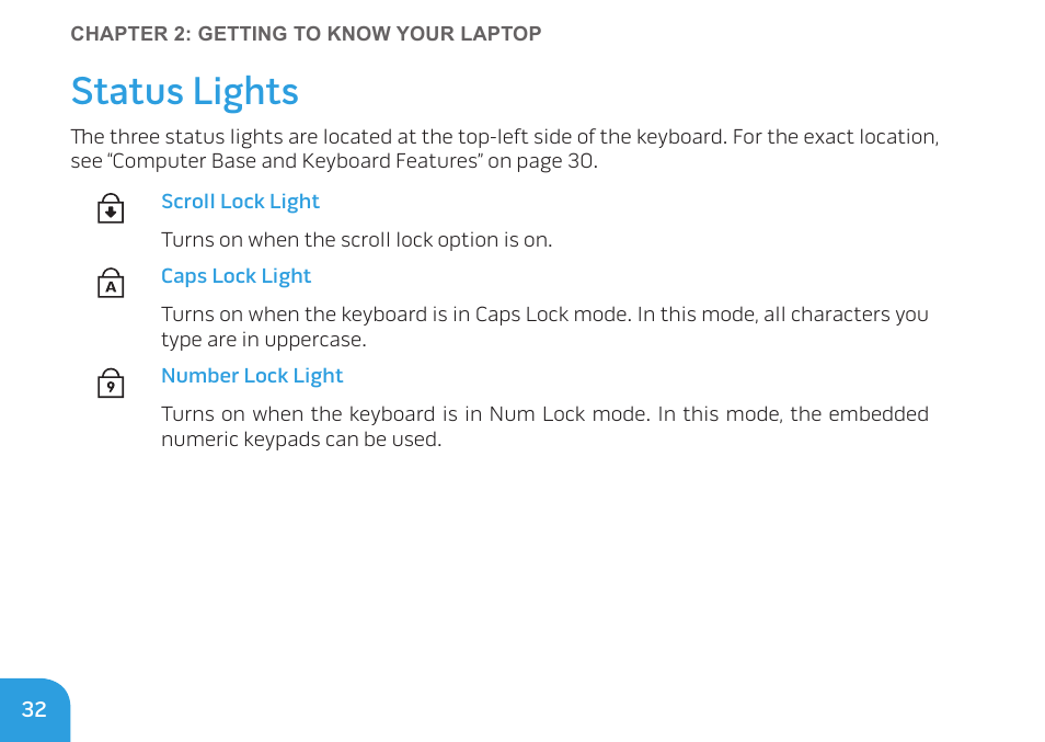 Status lights | Dell Alienware M17x R3 (Early 2011) User Manual | Page 34 / 128