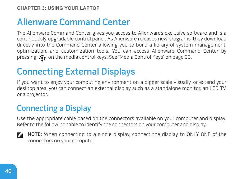 Alienware command center, Connecting external displays, Connecting a display | Dell Alienware M17x R3 (Early 2011) User Manual | Page 42 / 128