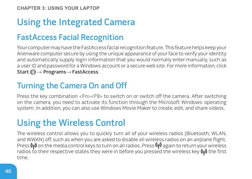 Using the integrated camera, Using the wireless control, Fastaccess facial recognition | Turning the camera on and off | Dell Alienware M17x R3 (Early 2011) User Manual | Page 48 / 128