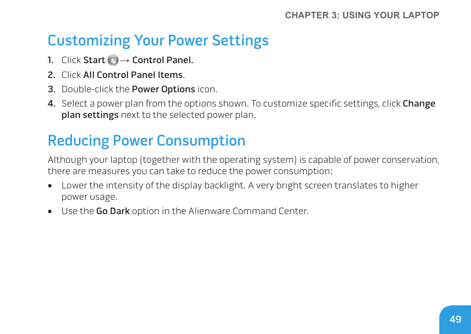 Customizing your power settings, Reducing power consumption | Dell Alienware M17x R3 (Early 2011) User Manual | Page 51 / 128