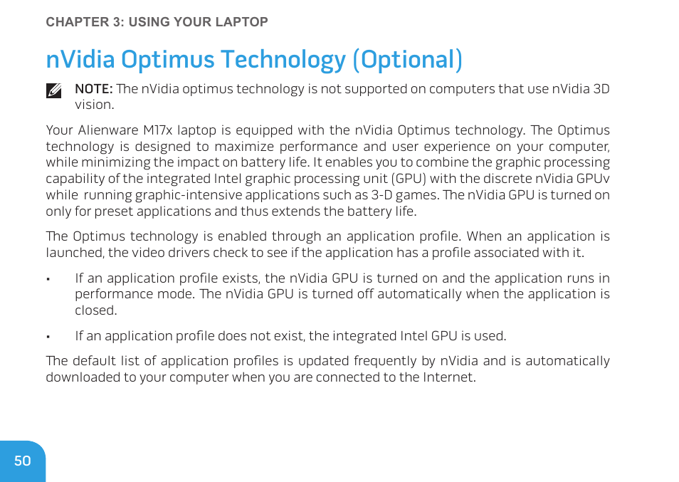 Nvidia optimus technology (optional) | Dell Alienware M17x R3 (Early 2011) User Manual | Page 52 / 128