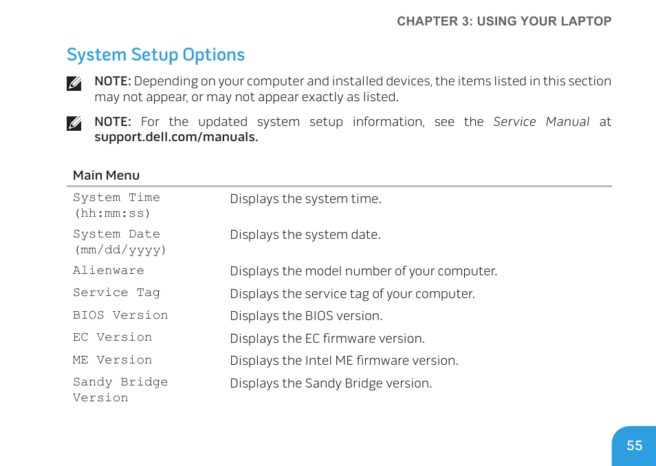 System setup options | Dell Alienware M17x R3 (Early 2011) User Manual | Page 57 / 128
