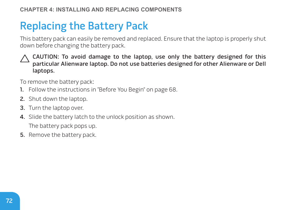 Replacing the battery pack | Dell Alienware M17x R3 (Early 2011) User Manual | Page 74 / 128