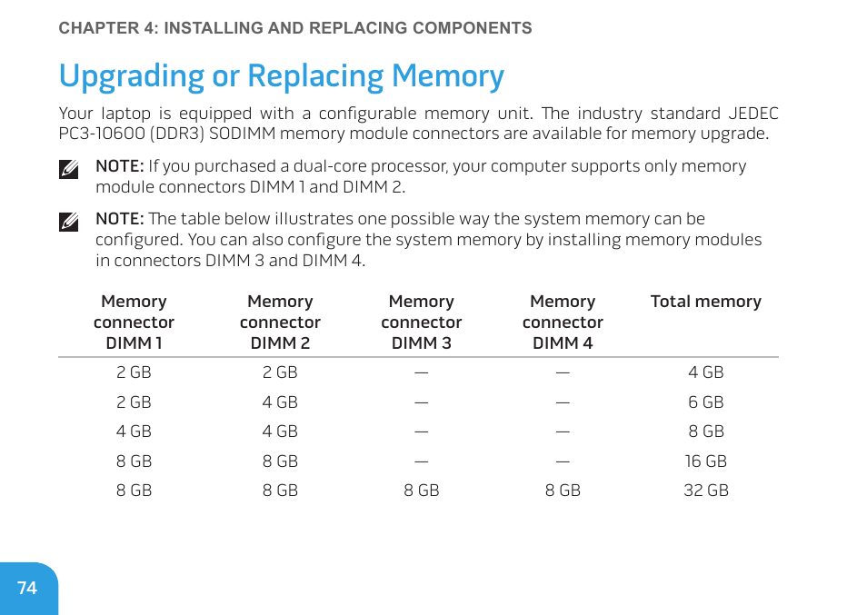 Upgrading or replacing memory | Dell Alienware M17x R3 (Early 2011) User Manual | Page 76 / 128