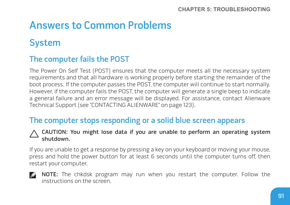 Answers to common problems, System, The computer fails the post | Dell Alienware M17x R3 (Early 2011) User Manual | Page 93 / 128