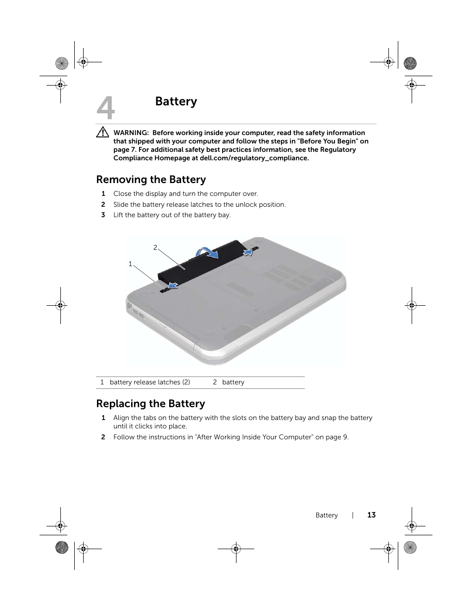 Battery, Removing the battery, Replacing the battery | Dell Inspiron 15R SE (7520, Mid 2010) User Manual | Page 13 / 84