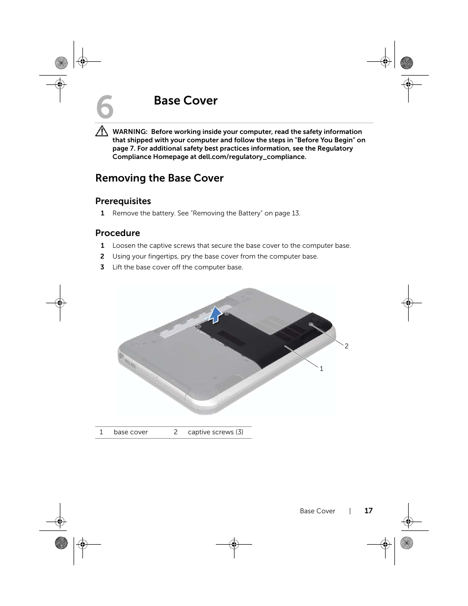 Base cover, Removing the base cover | Dell Inspiron 15R SE (7520, Mid 2010) User Manual | Page 17 / 84