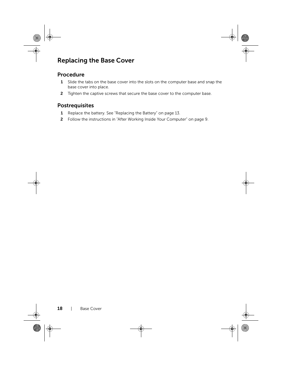 Replacing the base cover | Dell Inspiron 15R SE (7520, Mid 2010) User Manual | Page 18 / 84