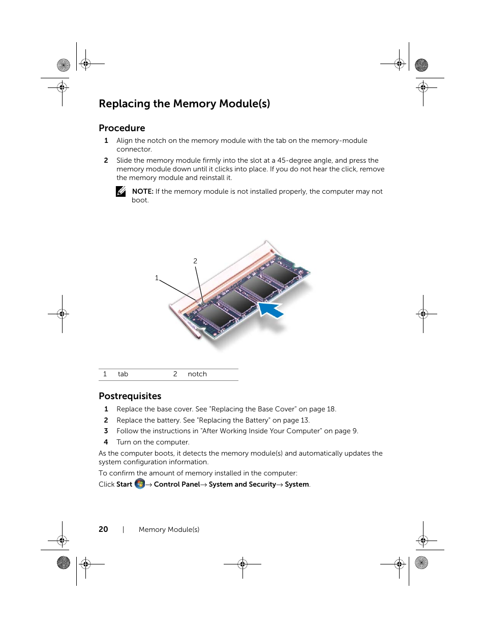 Replacing the memory module(s), Procedure, Postrequisites | Dell Inspiron 15R SE (7520, Mid 2010) User Manual | Page 20 / 84