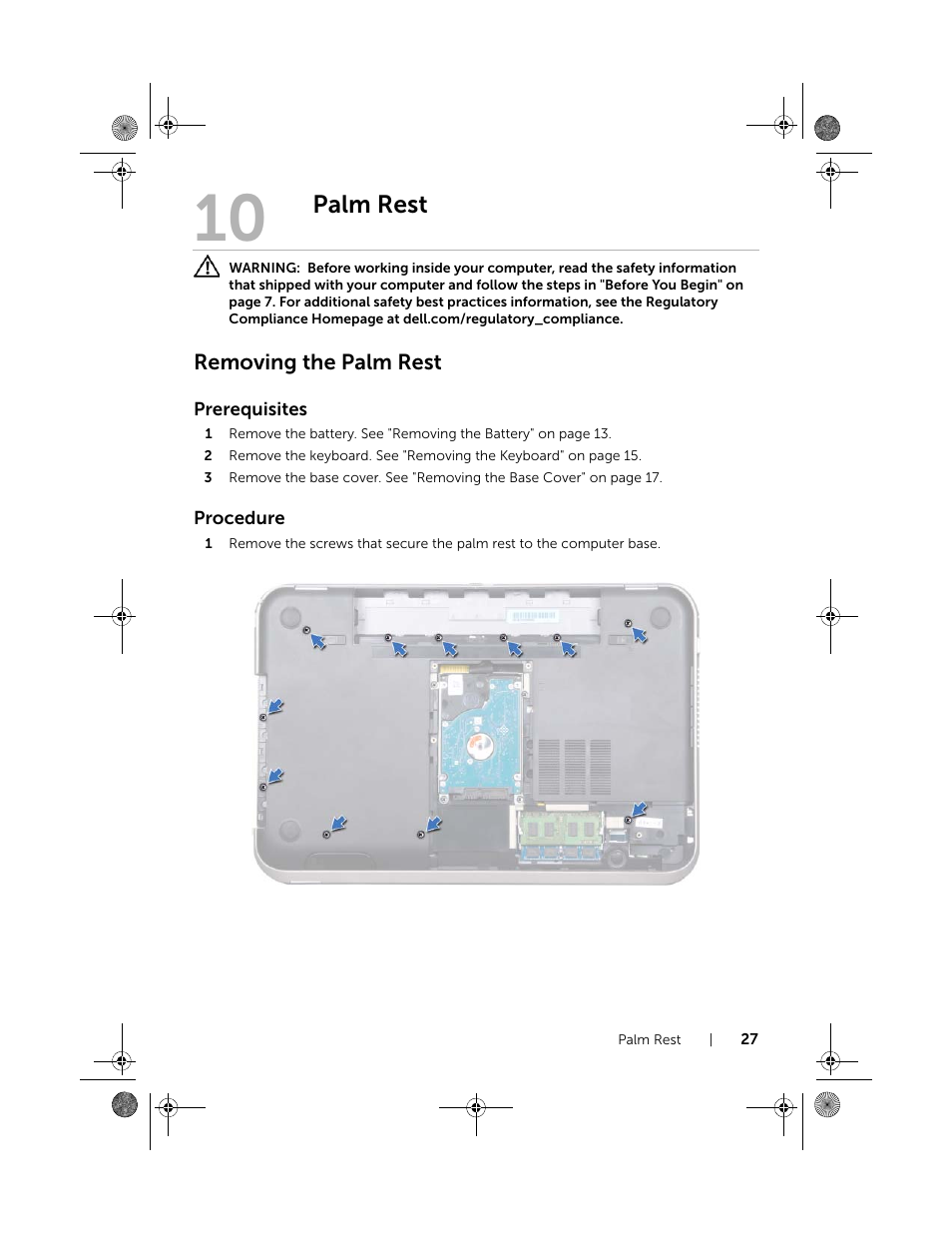 Palm rest, Removing the palm rest | Dell Inspiron 15R SE (7520, Mid 2010) User Manual | Page 27 / 84