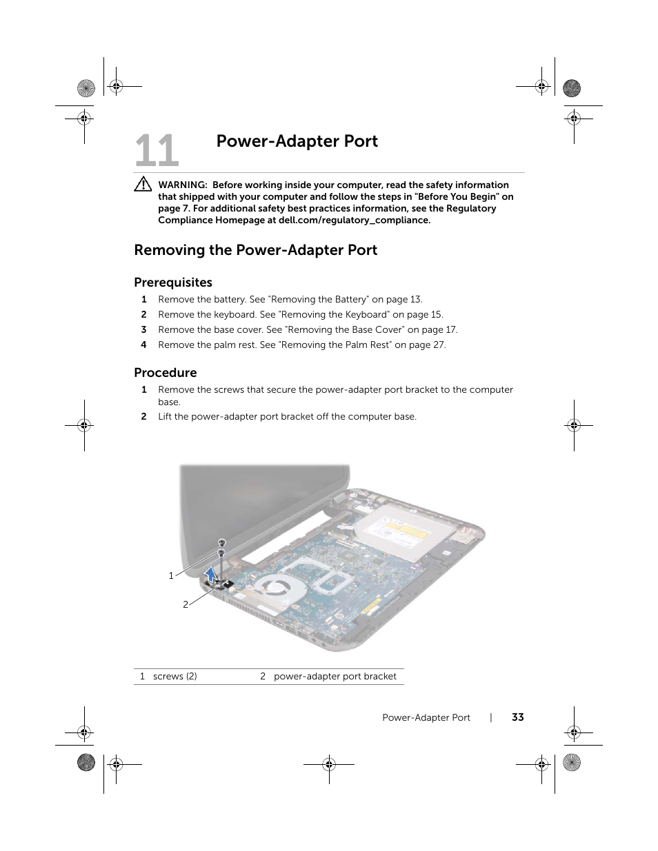 Power-adapter port, Removing the power-adapter port | Dell Inspiron 15R SE (7520, Mid 2010) User Manual | Page 33 / 84