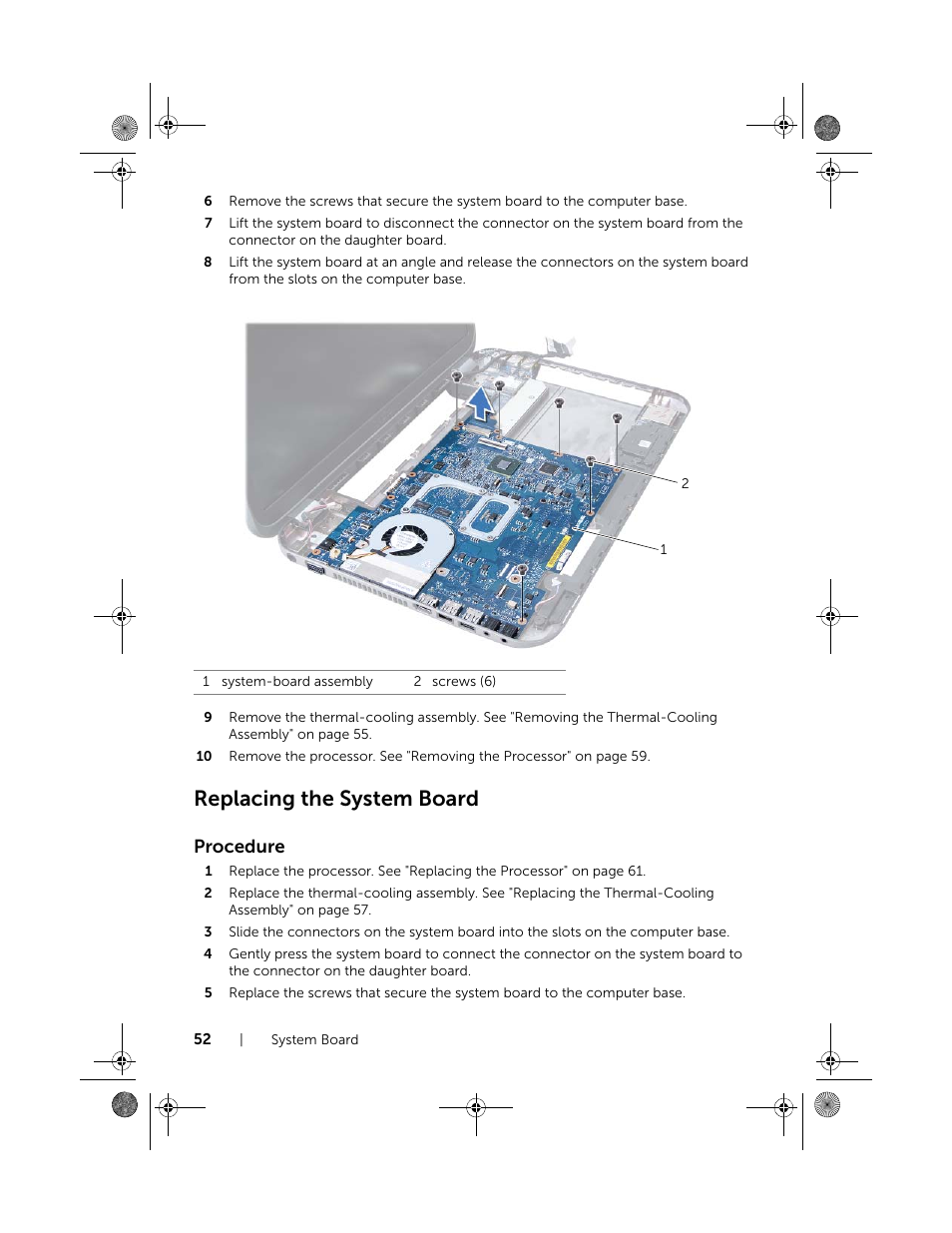 Replacing the system board, Procedure | Dell Inspiron 15R SE (7520, Mid 2010) User Manual | Page 52 / 84