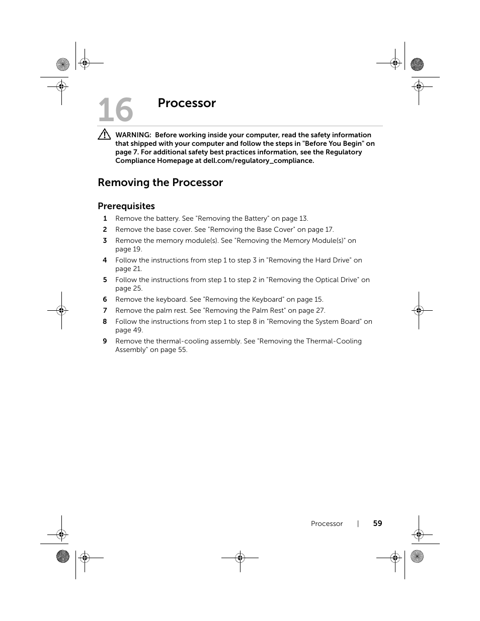 Processor, Removing the processor | Dell Inspiron 15R SE (7520, Mid 2010) User Manual | Page 59 / 84