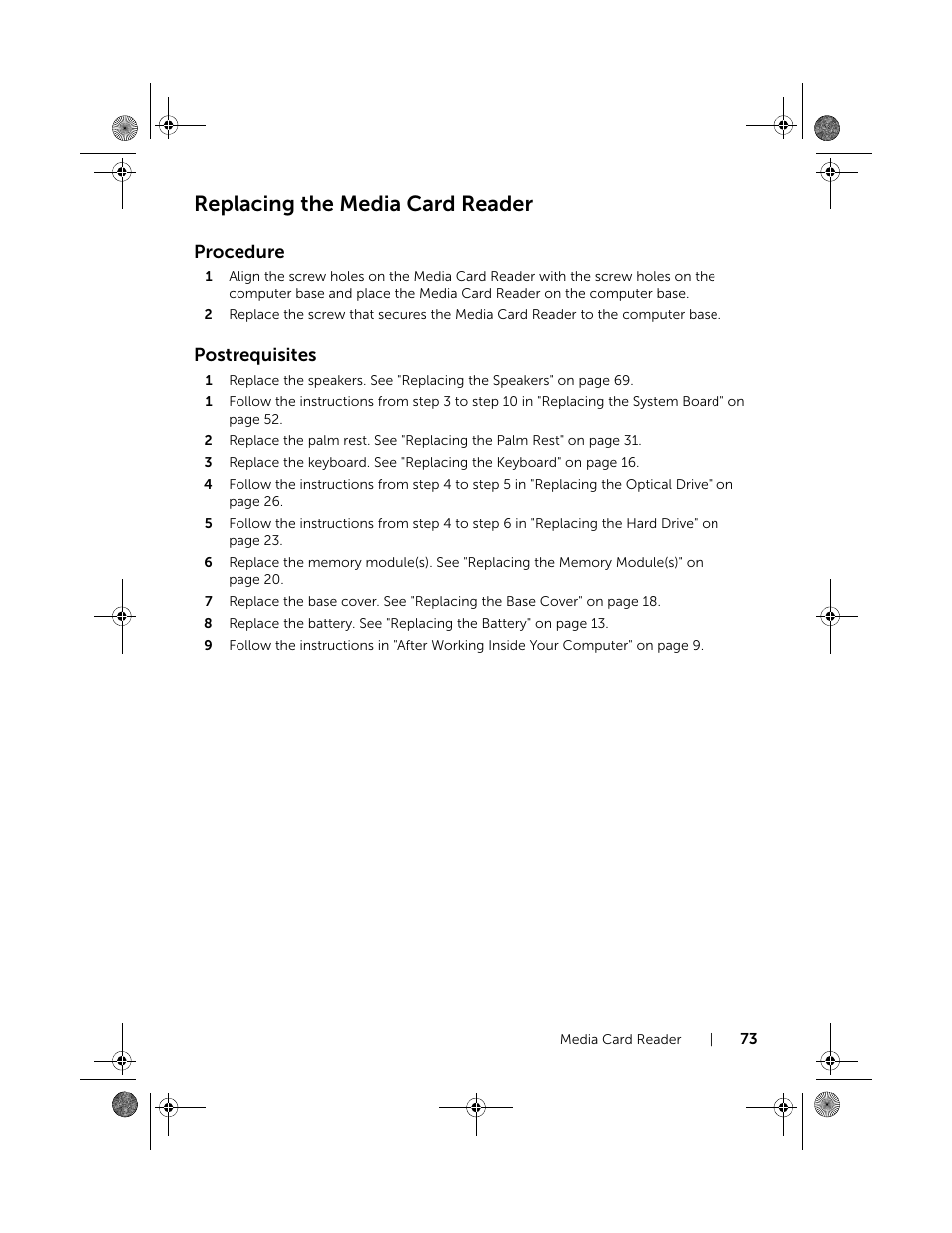 Replacing the media card reader, Procedure, Postrequisites | Dell Inspiron 15R SE (7520, Mid 2010) User Manual | Page 73 / 84