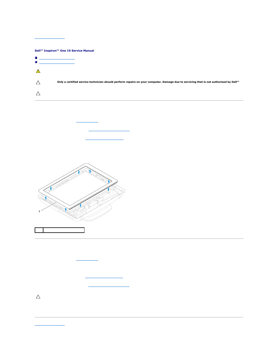 Display bezel, Removing the display bezel, Replacing the display bezel | Dell Inspiron One 19 (Mid 2009) User Manual | Page 17 / 65
