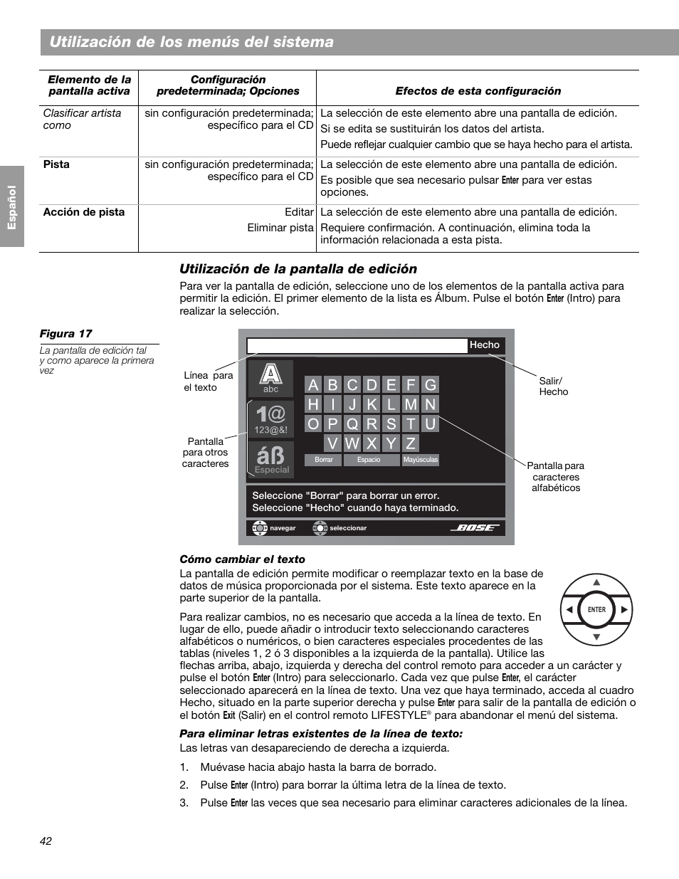 Utilización de los menús del sistema, Utilización de la pantalla de edición | Bose LIFESTYLE 38 User Manual | Page 100 / 184