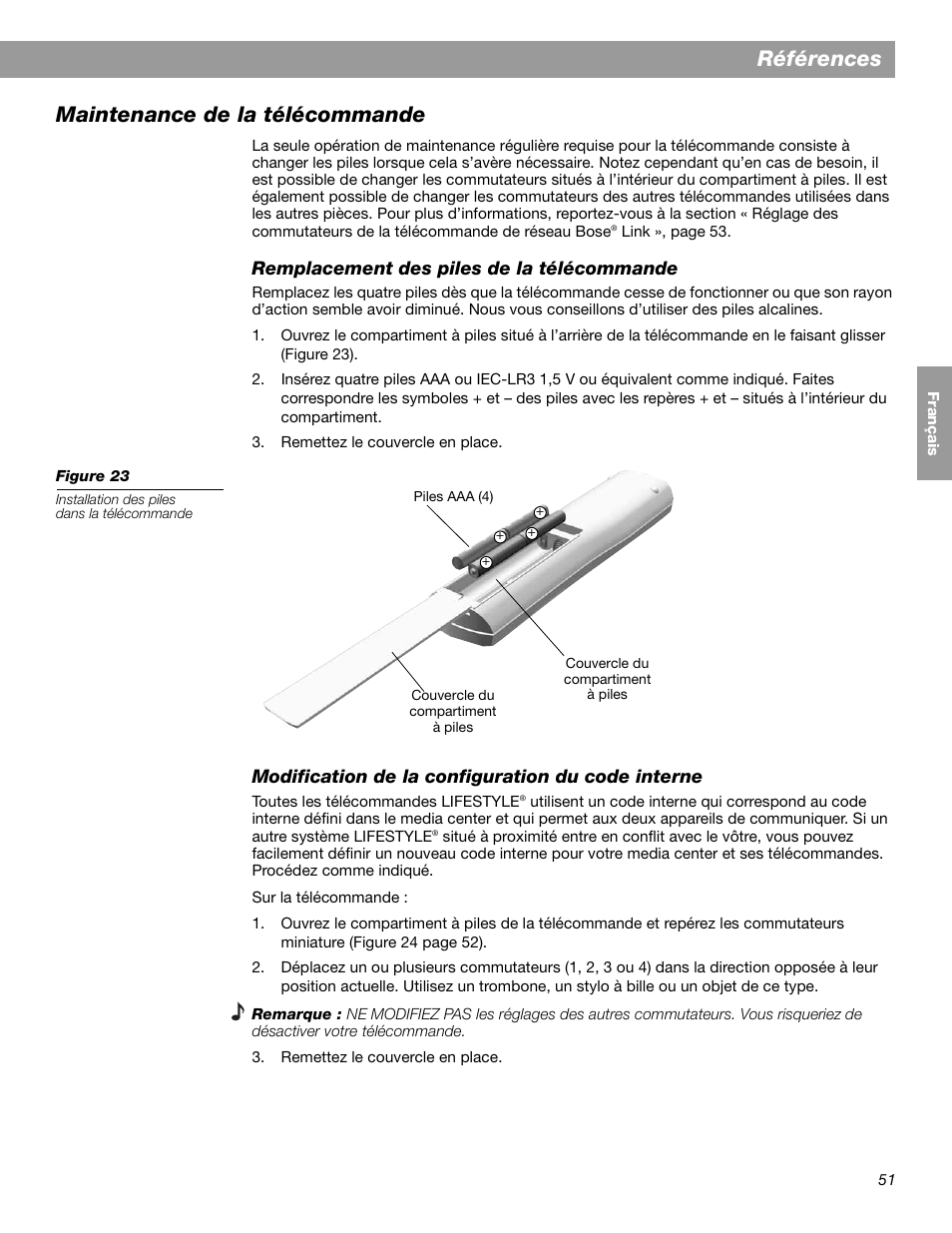 Références maintenance de la télécommande | Bose LIFESTYLE 38 User Manual | Page 167 / 184