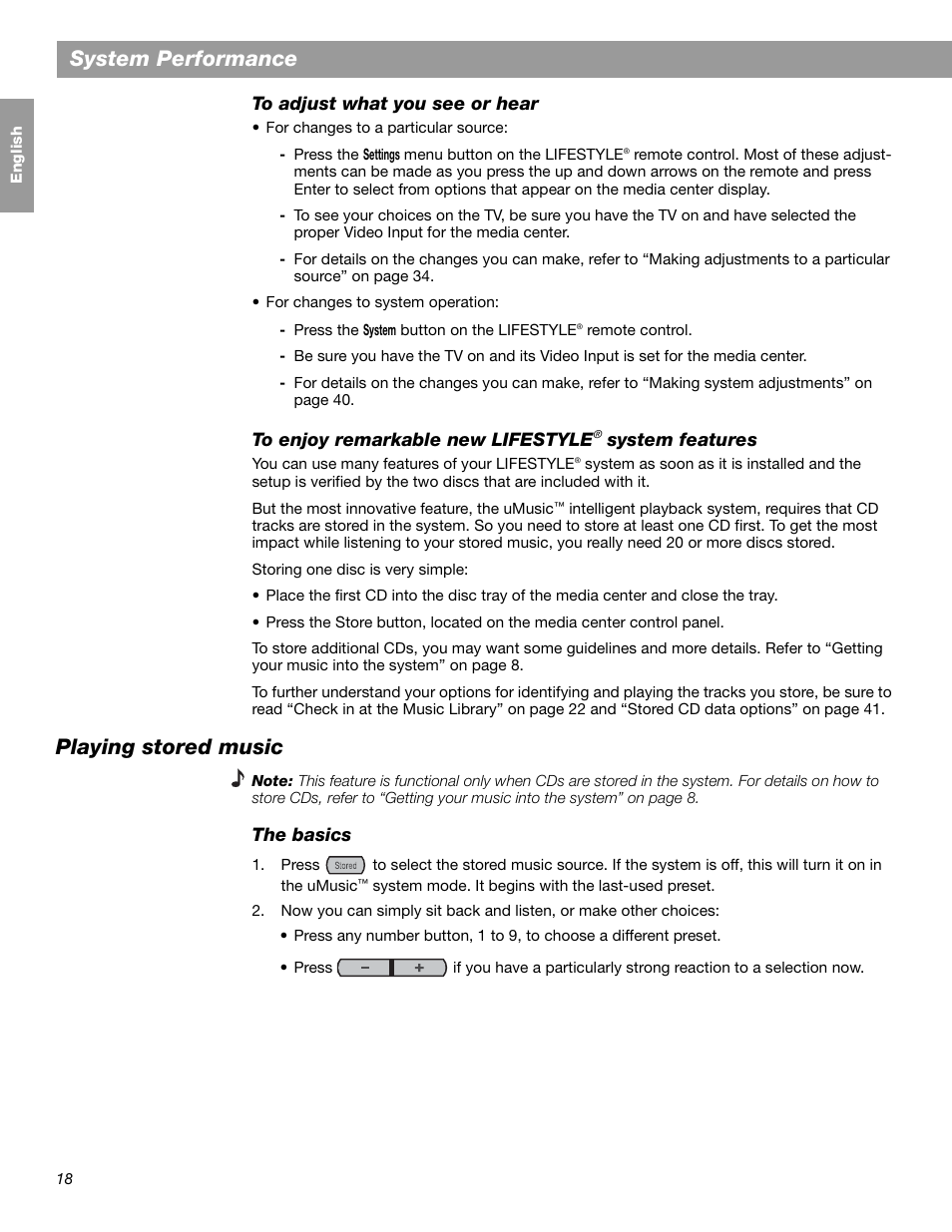 System performance, Playing stored music | Bose LIFESTYLE 38 User Manual | Page 18 / 184