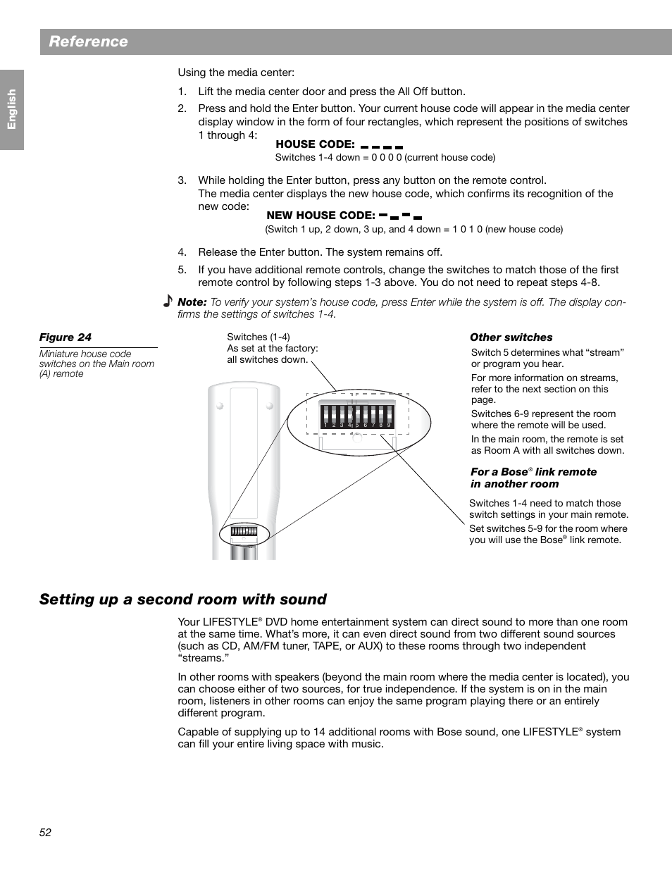 Reference, Setting up a second room with sound | Bose LIFESTYLE 38 User Manual | Page 52 / 184