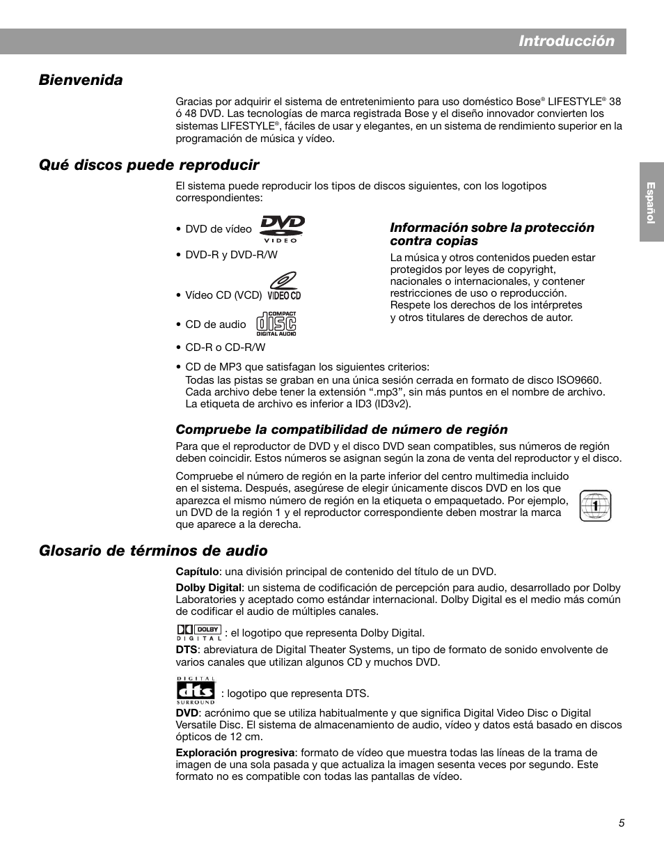 Introducción bienvenida, Qué discos puede reproducir, Glosario de términos de audio | Bose LIFESTYLE 38 User Manual | Page 63 / 184