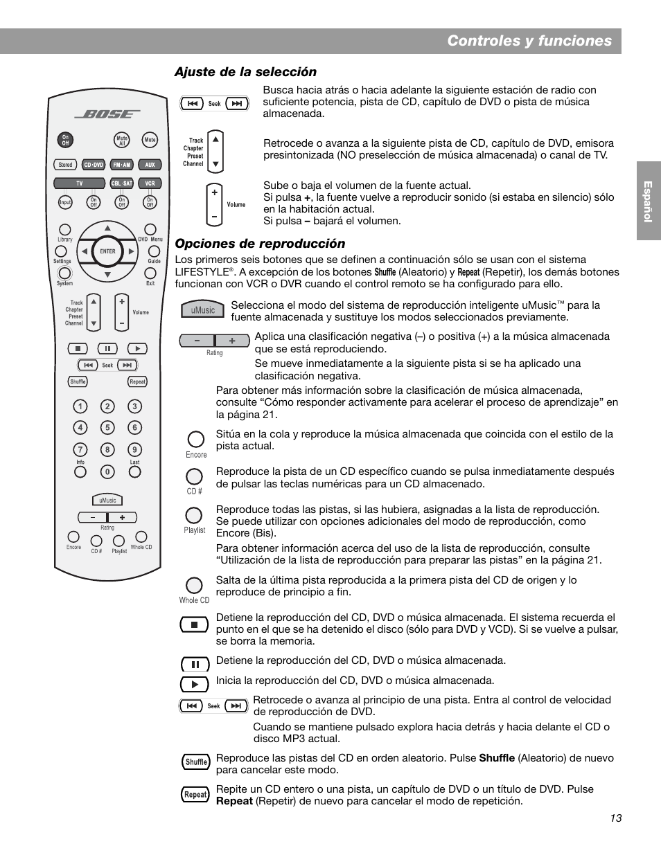 Controles y funciones | Bose LIFESTYLE 38 User Manual | Page 71 / 184